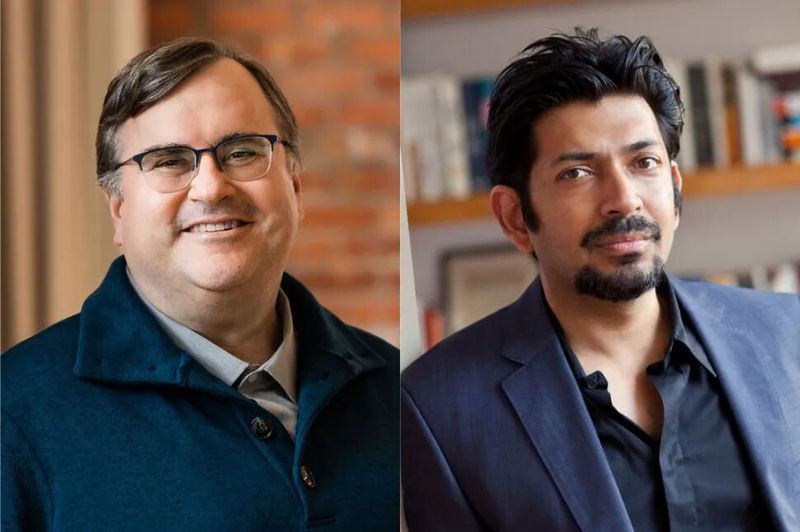 Two headshots of men in navy blue blazers